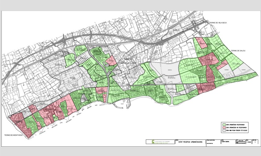 Mapa de les diferents urbanitzacions de Cambrils, les de color vermell són les zones no recepcionades per l'Ajuntament