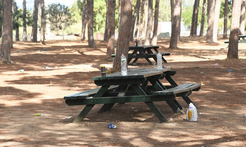 Aspecte d'algunes de les taules de pícnic del Parc del Pinaret, aquest matí