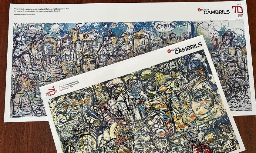 Exemplar de l'edició de setembre de Revista Cambrils i làmina amb el mural de David Callau