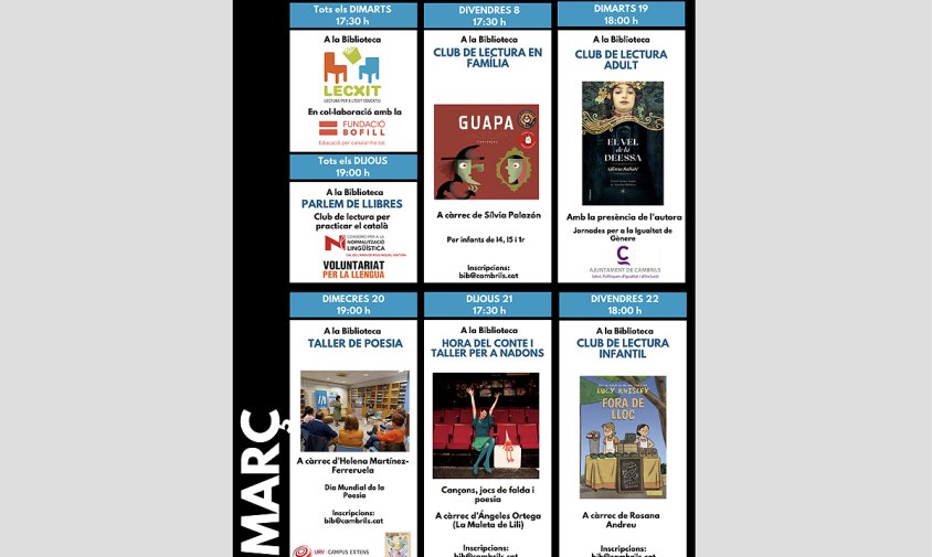 Cartel·lera de la programació de la biblioteca Josep Salceda i Castells, el mes de març