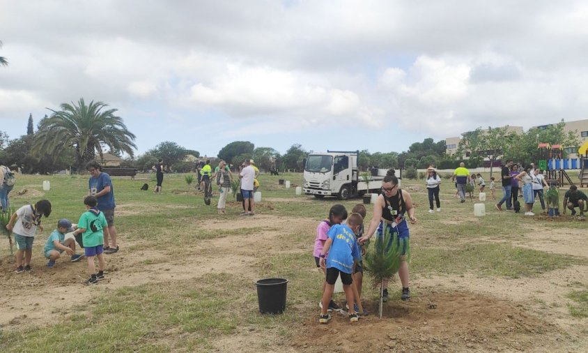 Imatge de la plantada de pins al parc de Mas Clariana, el passat dissabte al matí