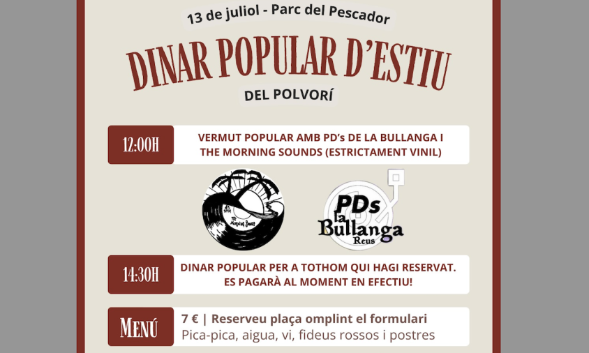 Cartell del dinar popular de l'estiu que organitza el Casal Popular El Polvorí aquest dissabte