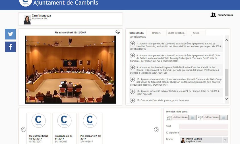 Imatge de captura de l'espai web on es poden consultar les videoactes dels plens municipals