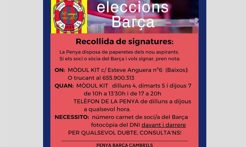 Cartell informatiu de la Penya Barça Cambrils