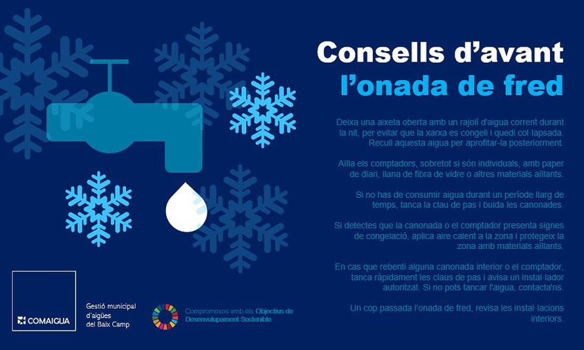 Cartell amb els consells i recomanacions de Comaigua per prevenir problemes a les canonades d'aigua