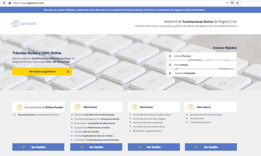 Captura de pantalla de la pàgina web gestioclic.com on s'ofereix la realització de diferents tràmits